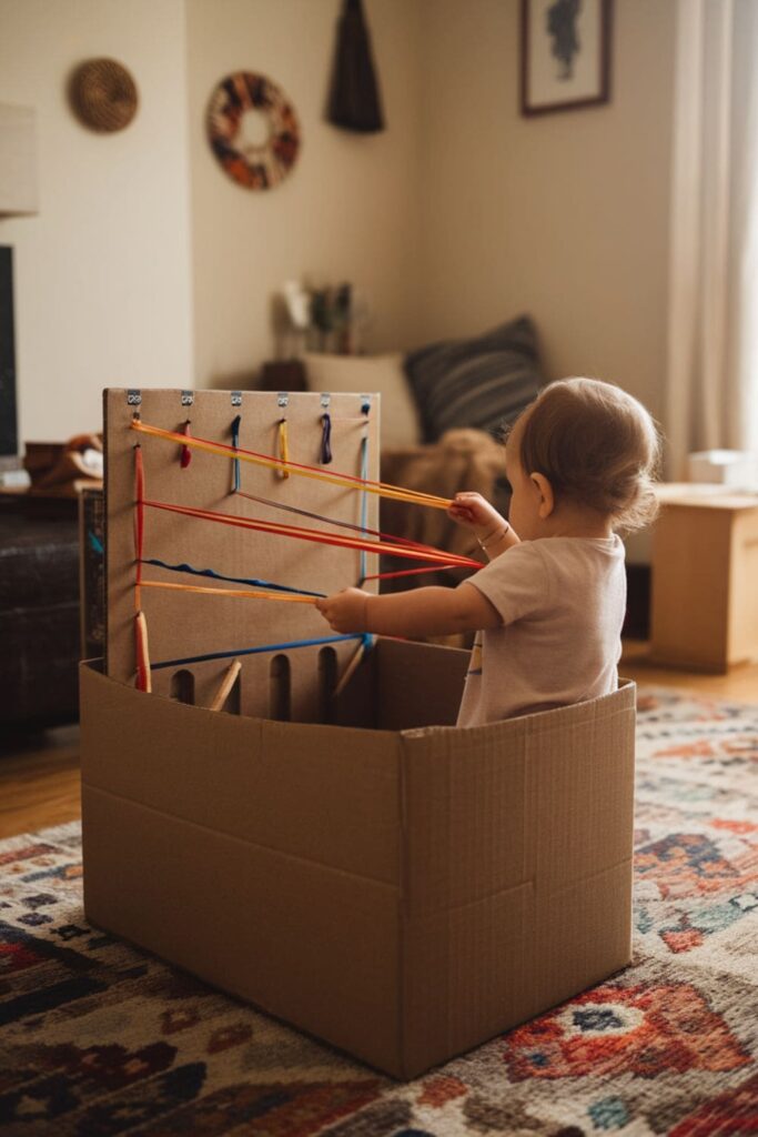 Interactive cardboard tugging box with colorful ribbons threaded through holes, designed for toddlers to pull and play with