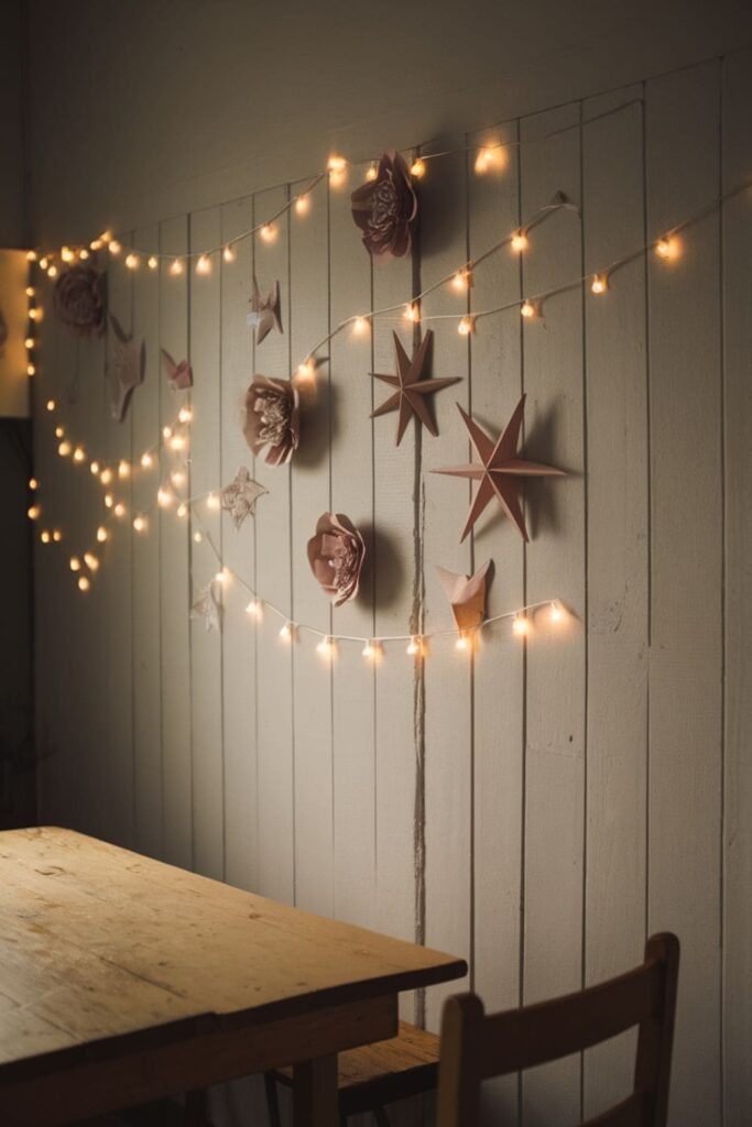 LED fairy lights wrapped in delicate paper flowers glowing softly