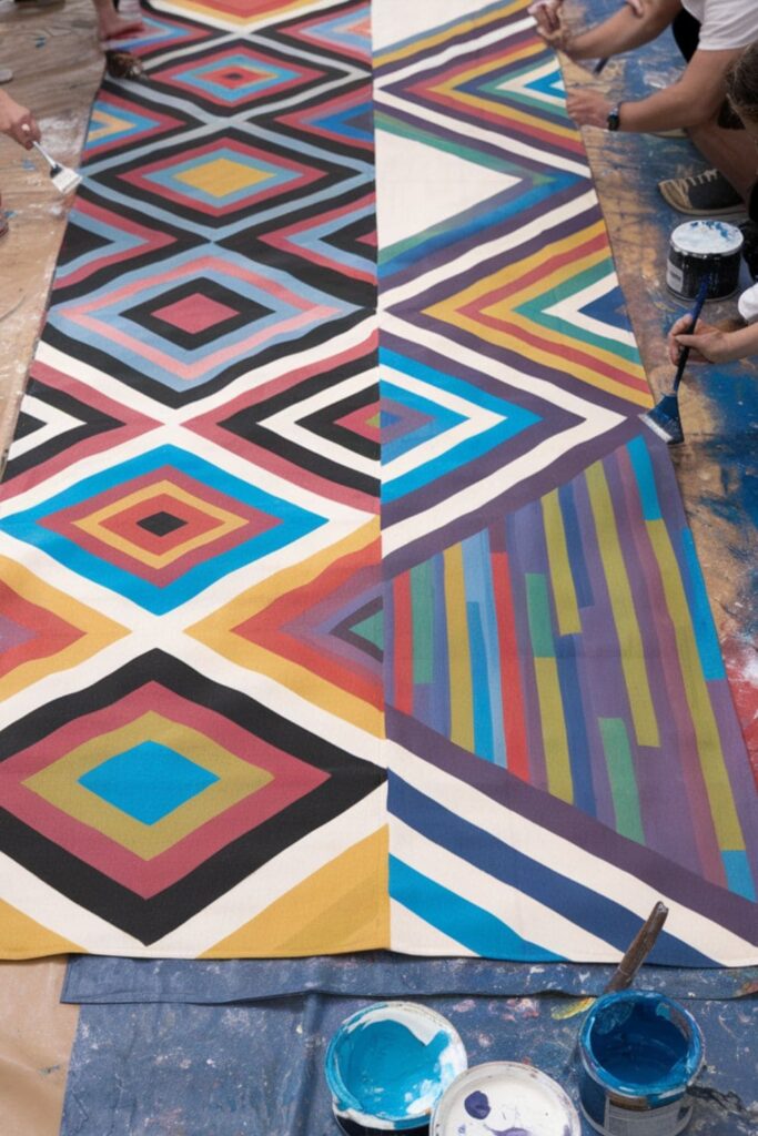 Large canvas floor cloth being painted with geometric designs