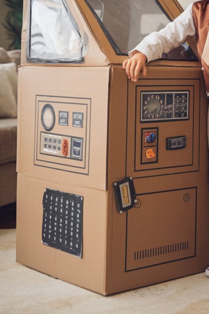 Large cardboard time machine with control panels, clear plastic screen, colorful dials, and levers, with a child dressed as a time traveler