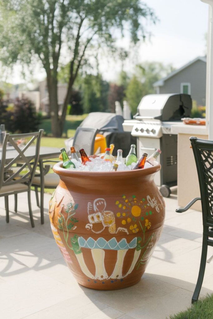 Large clay pot filled with ice and colorful drinks