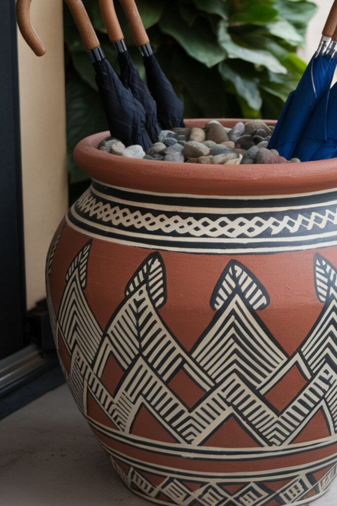 Large painted clay pot filled with rocks and holding umbrellas