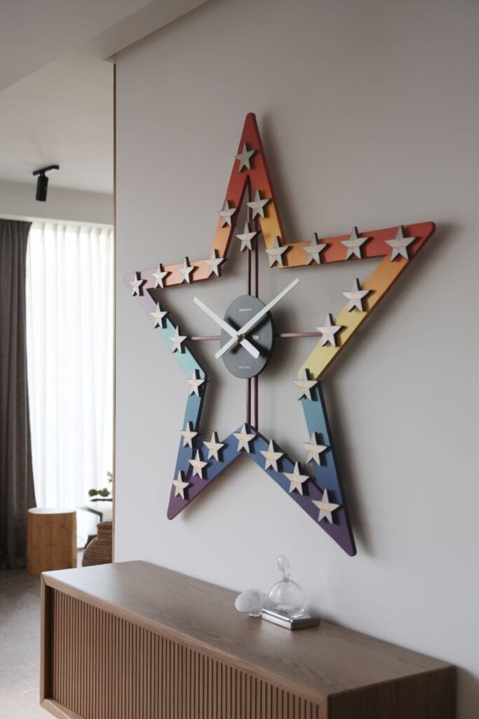 Large star wall clock with colorful smaller stars marking hours