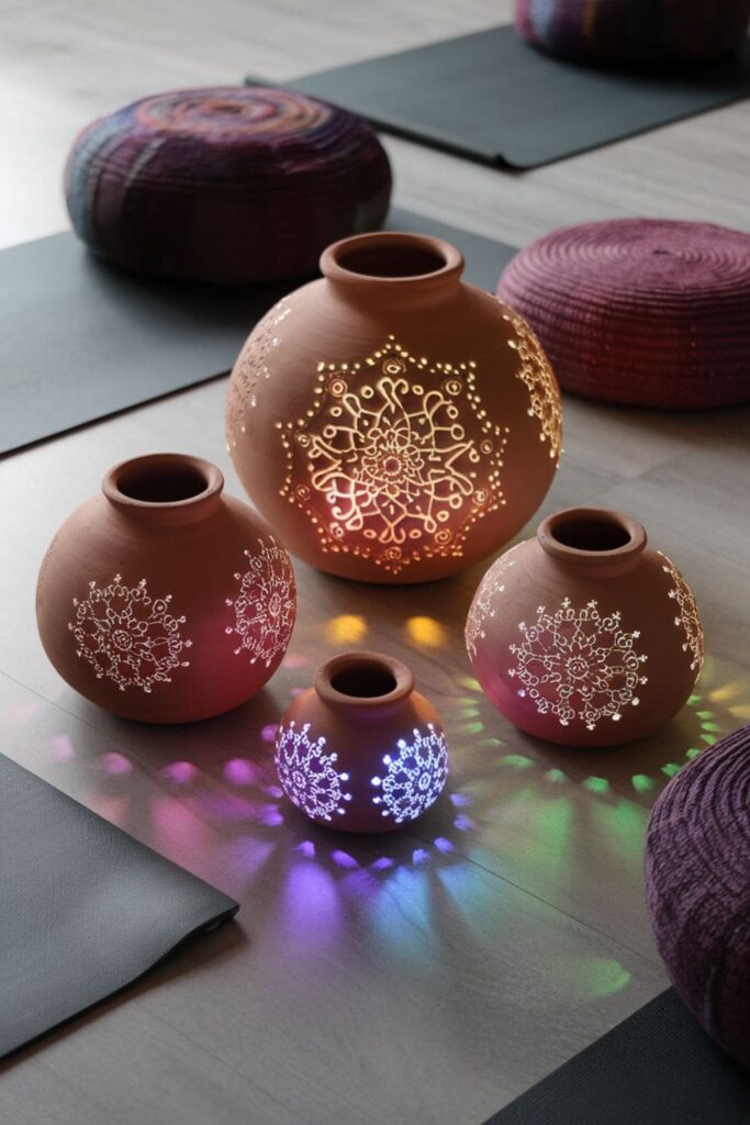 Mandala-patterned clay pots glowing with LED lights in a serene corner