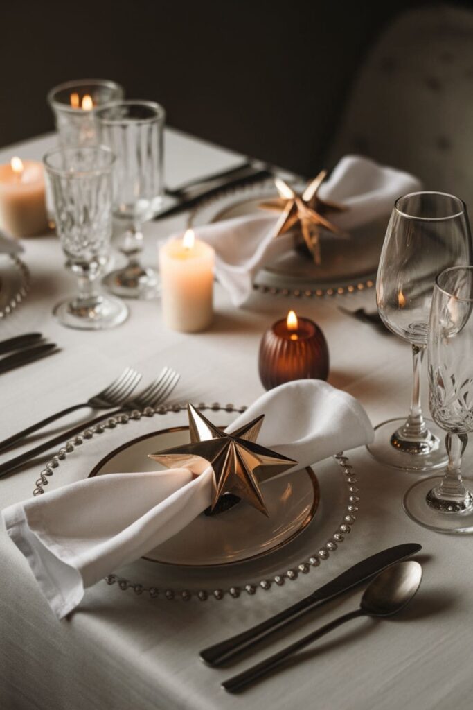 Metallic paper star napkin rings on a holiday dining table