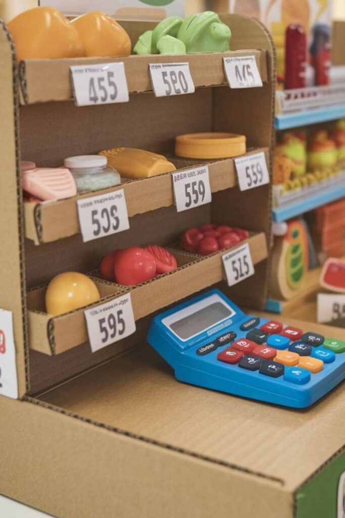 Mini cardboard grocery store with shelves of toy food, a checkout counter with a toy calculator, and colorful signs showing prices and discounts