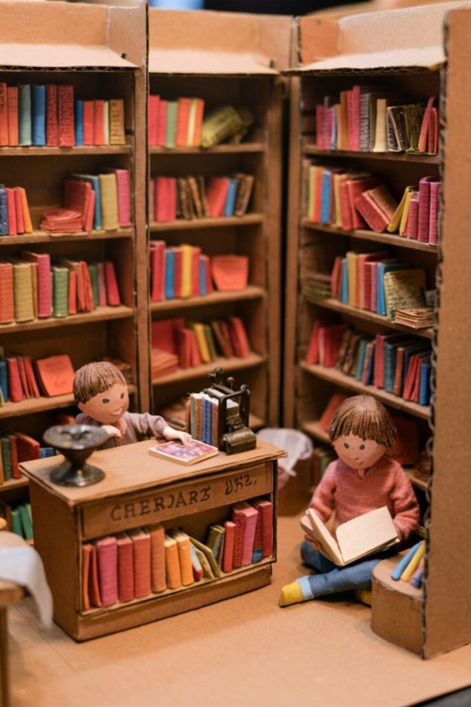 Mini cardboard library with shelves holding tiny handmade books, a checkout desk, a book return slot, and children organizing books and reading