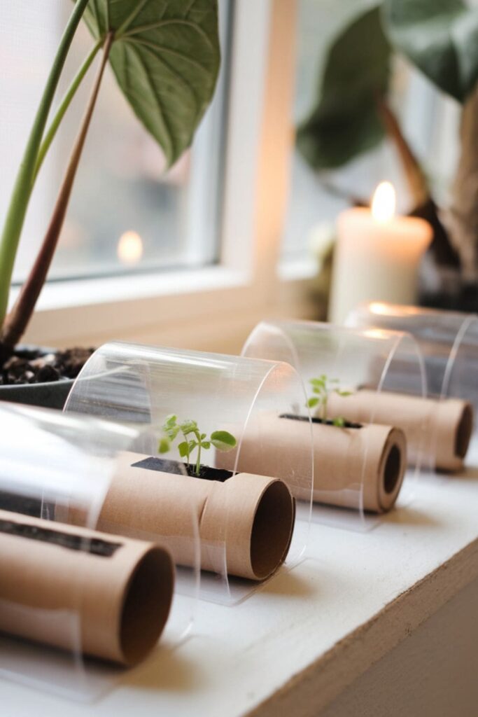 Mini greenhouses made from cardboard rolls with cut-out windows and clear plastic covers, housing small seedlings on a windowsill