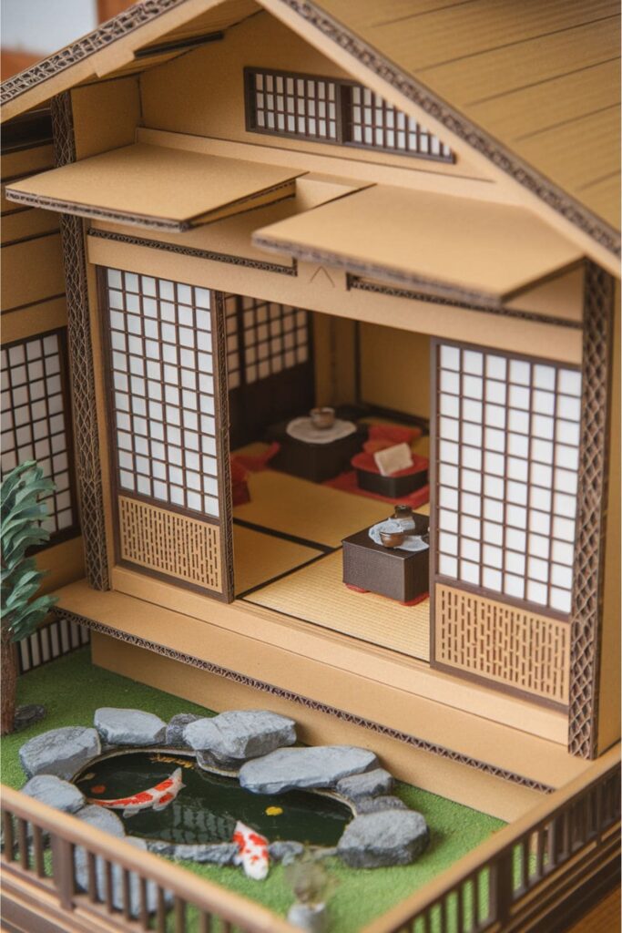 Miniature cardboard Japanese tea house with sliding doors and a koi pond