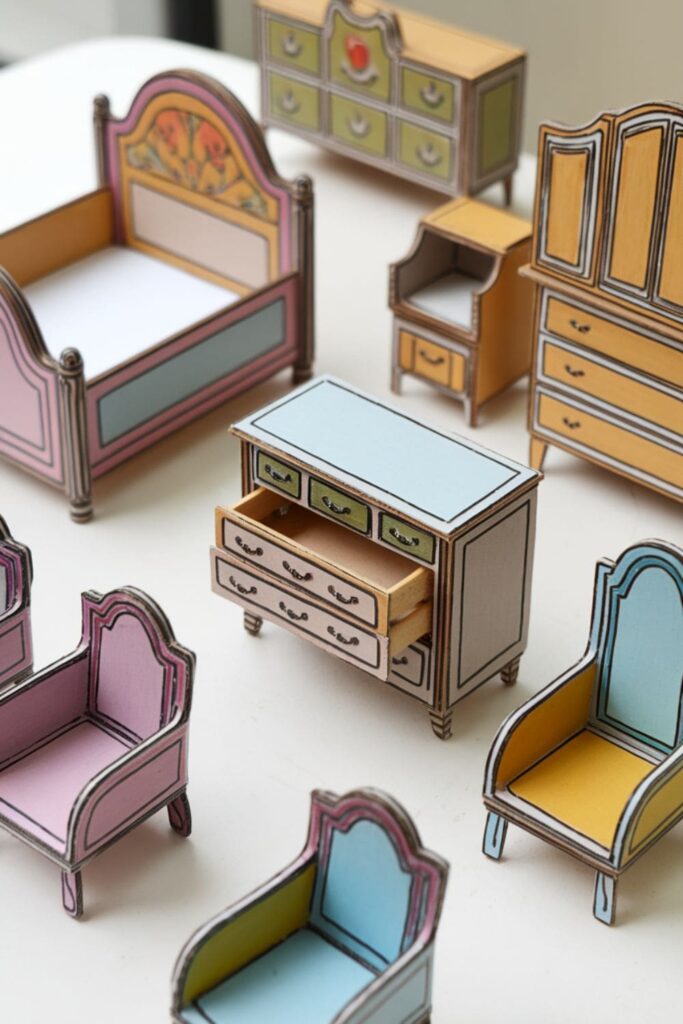 Miniature cardboard dollhouse furniture with painted beds, chairs, and dressers