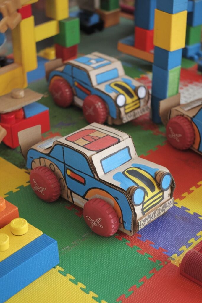 Miniature cardboard toy cars with painted designs and bottle cap wheels