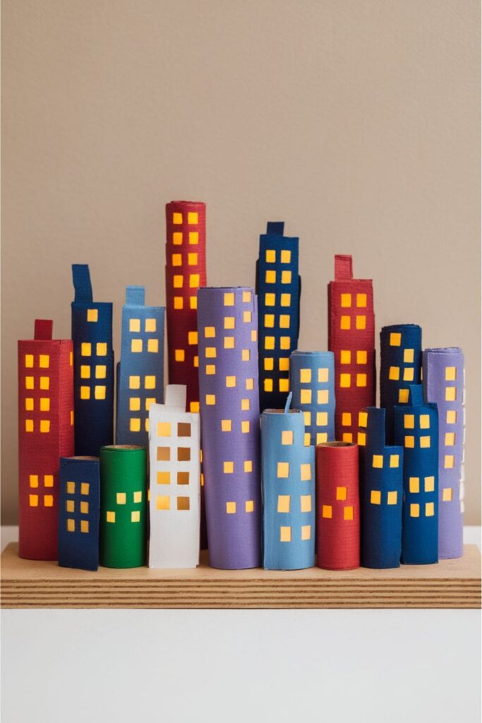 Miniature city skyline crafted from cardboard rolls of varying heights, painted in different colors with cut-out windows and glowing lights