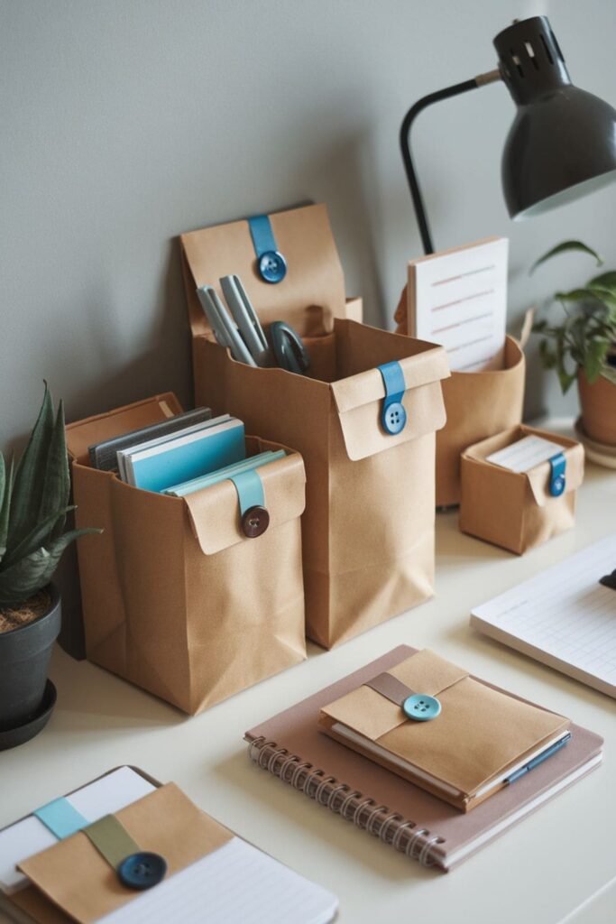 Minimalist paper bag storage pouches with button closures holding stationery items