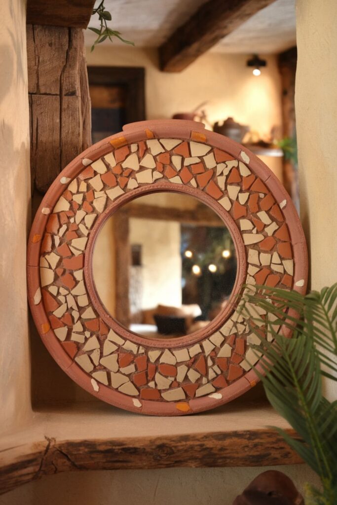 Mirror framed with clay pot mosaic pieces in earthy colors