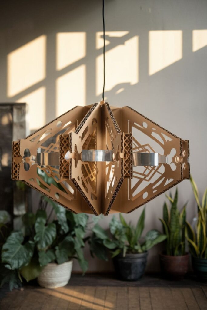 Modern cardboard chandelier with intricate patterns and metallic gold paint