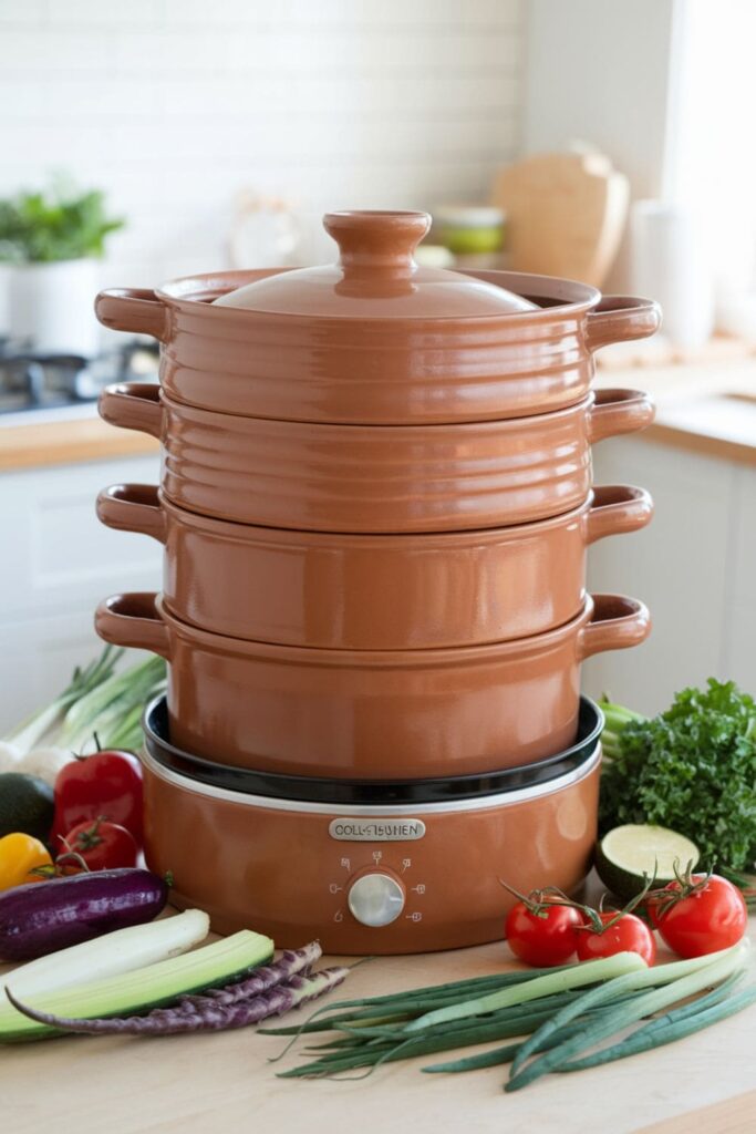 Multi-level clay steaming trays with ventilation and cool-touch handles