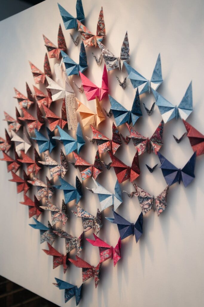 Origami butterflies and cranes on a white canvas with metallic and patterned papers