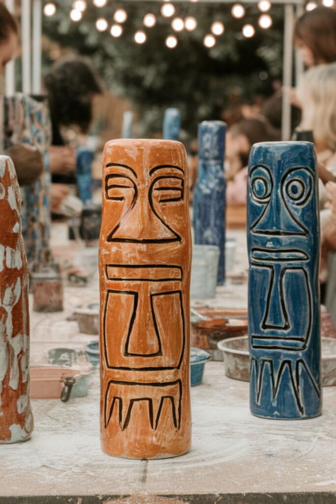 Painted ceramic pieces stacked into colorful garden totems