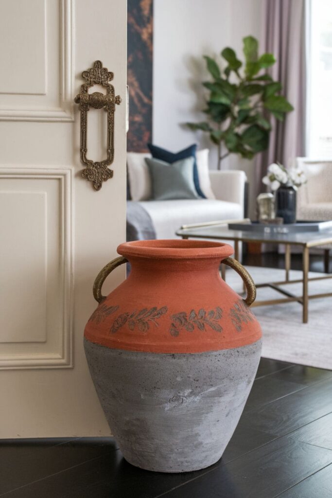 Painted clay pot doorstop with a decorative handle on top