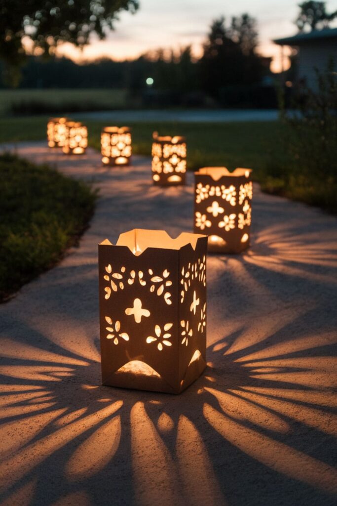 Paper bag luminaries with cut-out designs glowing along an outdoor path at night