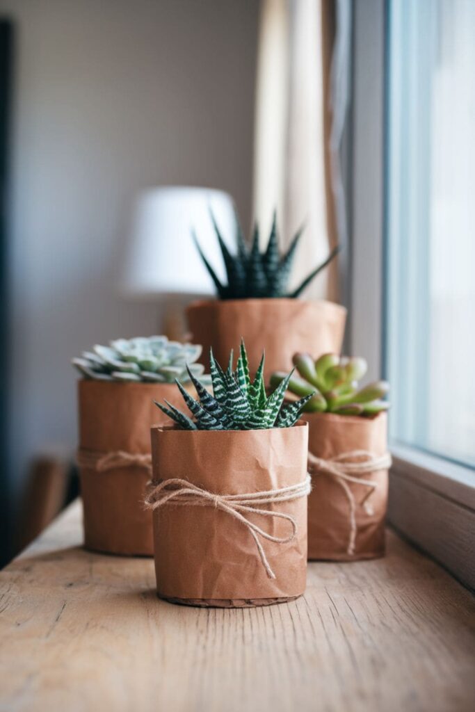 Paper bag plant pot covers tied with twine, displayed on a windowsill with succulents