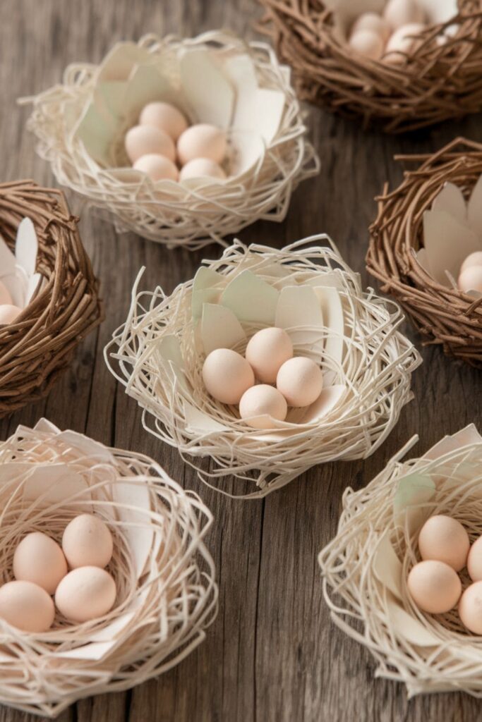 Paper bird nest with small eggs on a rustic wooden surface