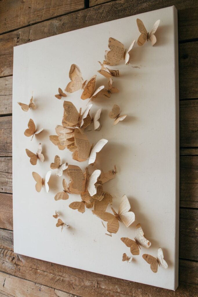 Paper butterflies made from book pages on a canvas