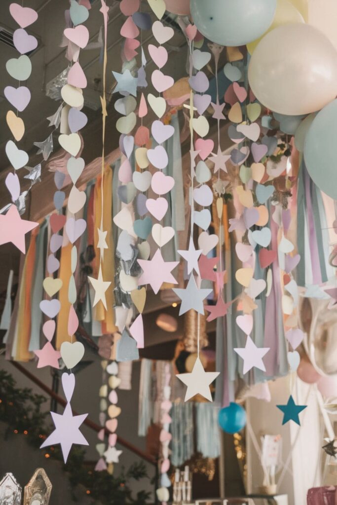 Paper garland curtain with heart and star shapes in vibrant colors