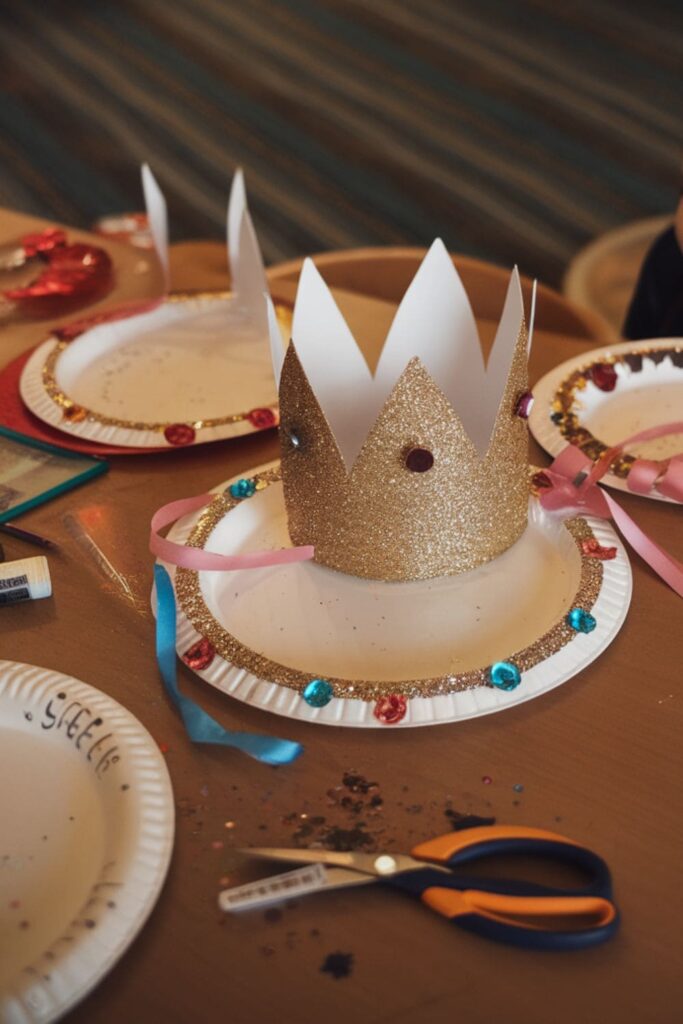 Paper plate crowns decorated with glitter, jewels, and ribbons, displayed on a table at a birthday party