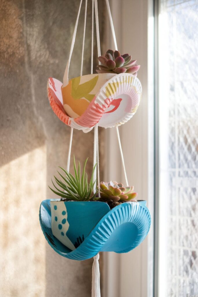 Paper plates painted with waterproof designs, transformed into hanging planters with small succulents, placed near a sunny window