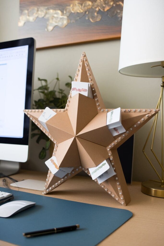 Paper star business card holder on an office desk