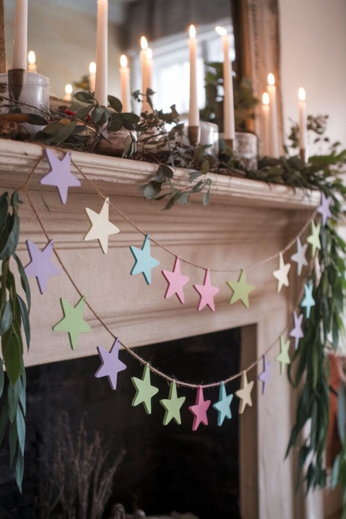 Pastel star garland strung with twine across a mantel