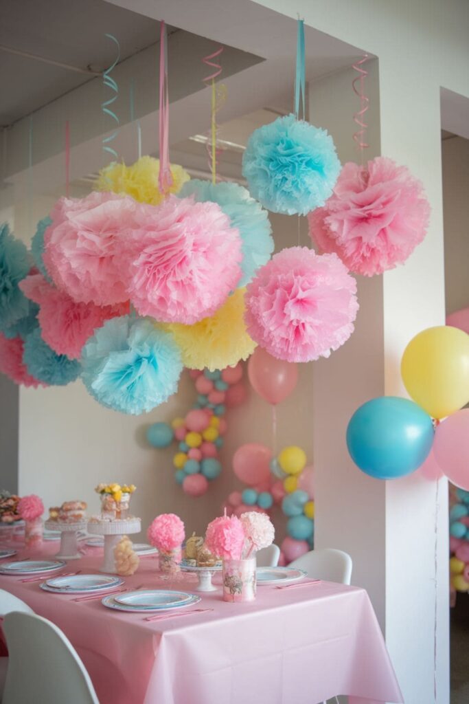 Pastel tissue paper pom-poms hanging above a table