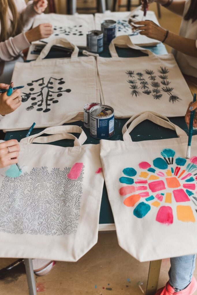 People painting and decorating canvas tote bags with stencils