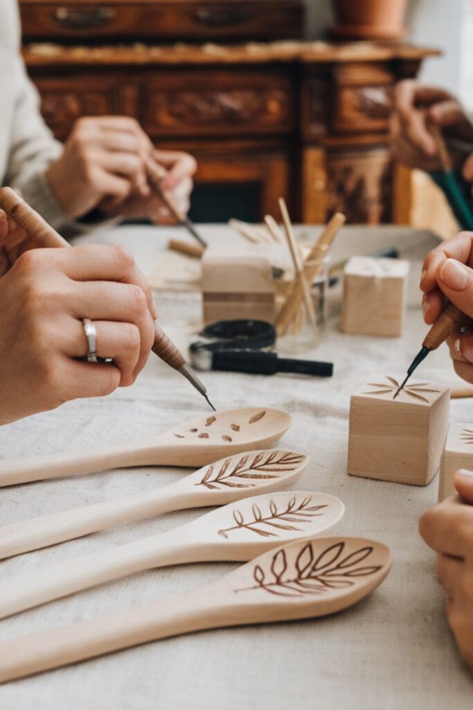 People using pyrography tools to carve patterns on wooden spoons