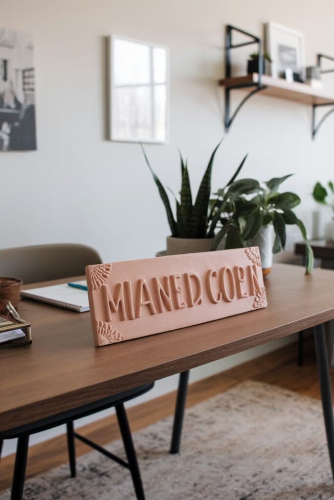 Personalized clay name plate on a modern office desk