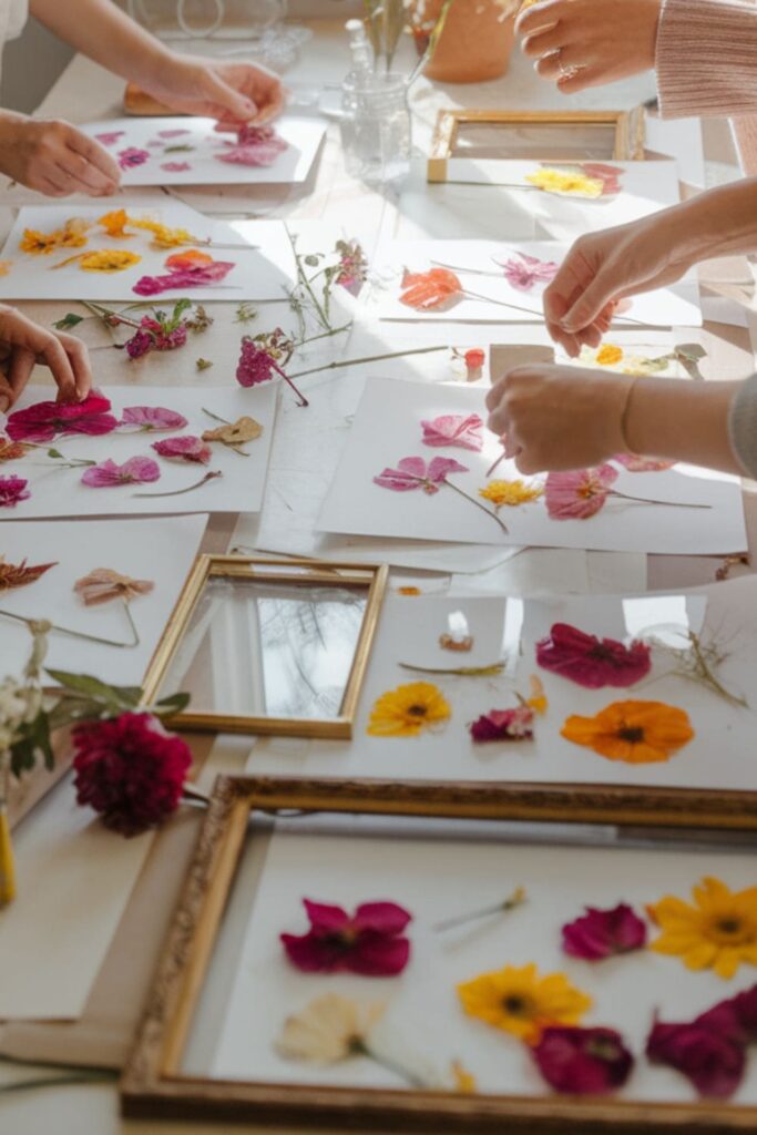 Pressed flowers arranged on paper and framed by a group of friends