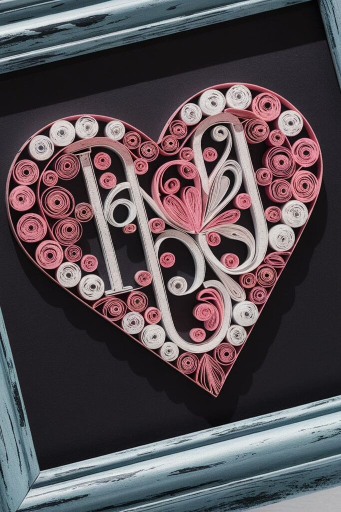 Quilled paper letters forming a decorative name on black