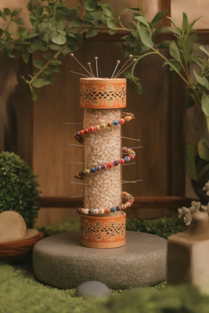 Rain stick crafted from a decorated cardboard roll, filled with rice or beans, and designed with colorful patterns for a soothing effect