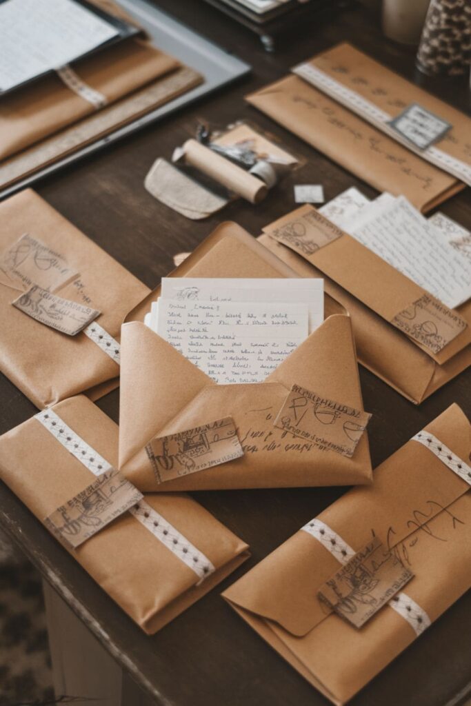 Rustic paper bag envelopes with decorative tape, displayed on a desk with letters