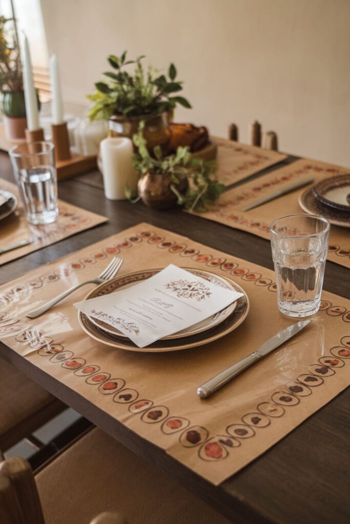 Rustic paper bag placemats with decorative borders on a dining table set for casual meals