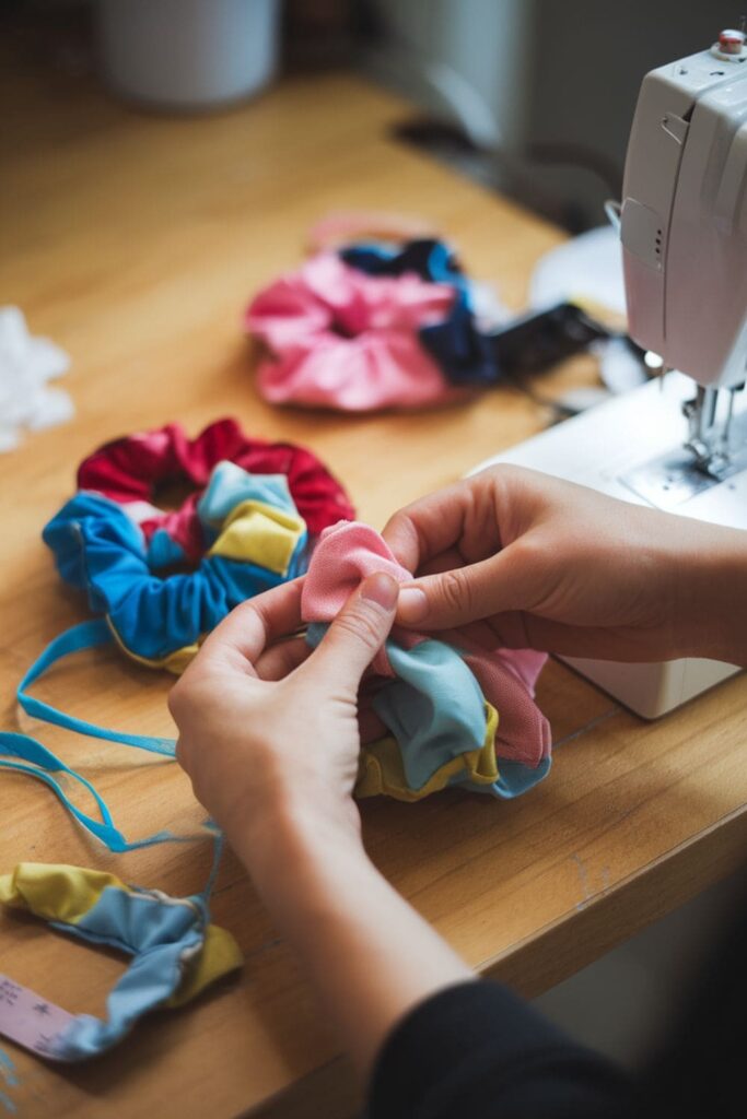 Scrunchies being sewn from colorful fabric and elastic bands