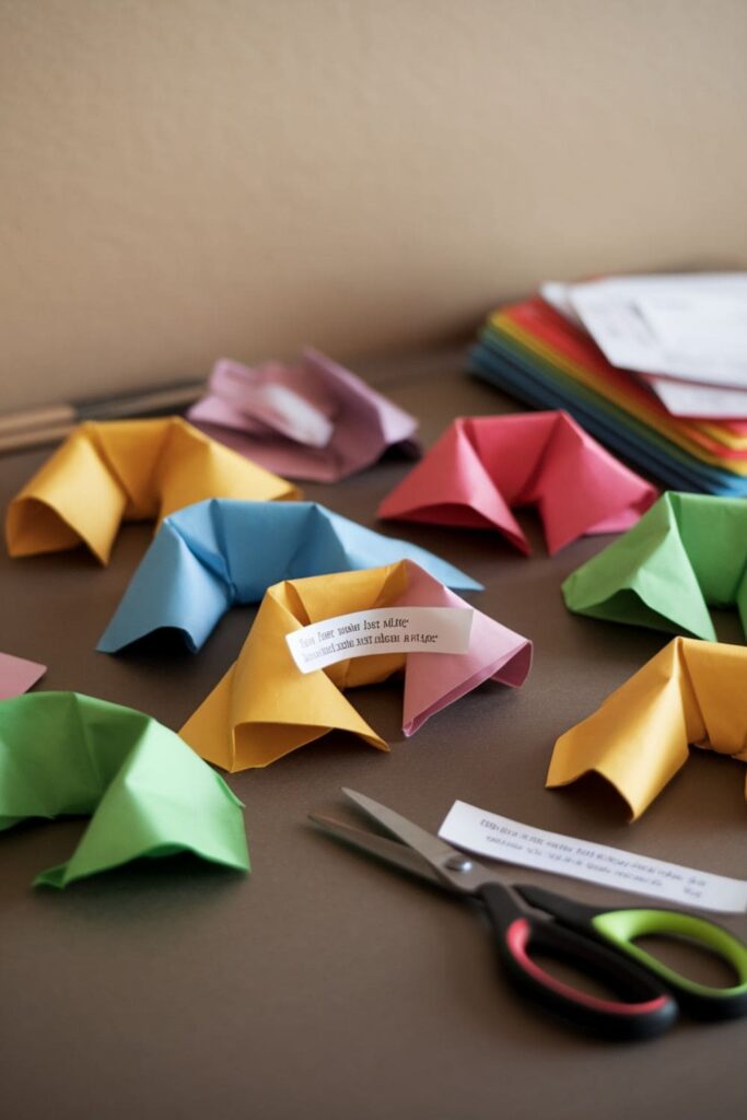 Several colorful paper fortune cookies arranged on a table, each containing a small fortune, with scissors and colored paper nearby