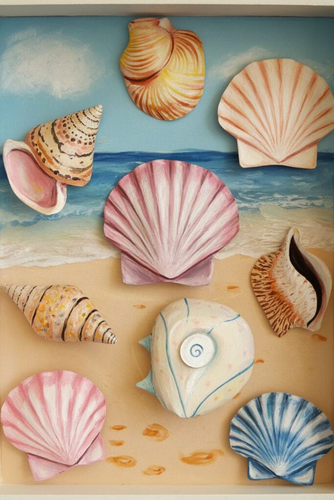 Shadow box with realistic paper seashells painted in pastel colors