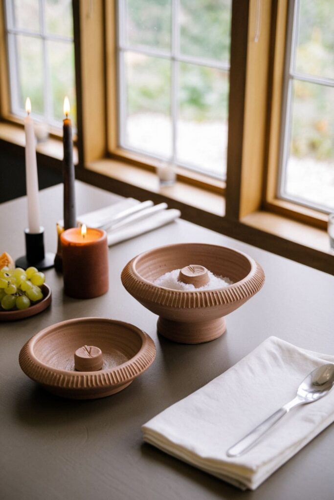 Small and large clay bowls with textured designs for salt and fruitorganizer for spices, utensils, and kitchen essentials