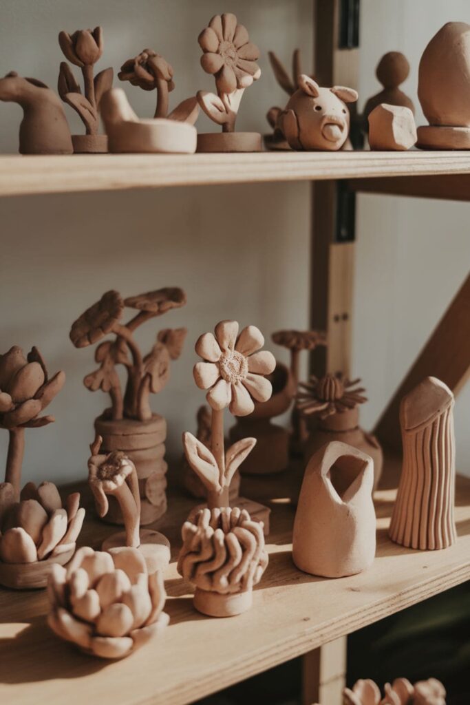 Small clay figures and shapes displayed on a shelf