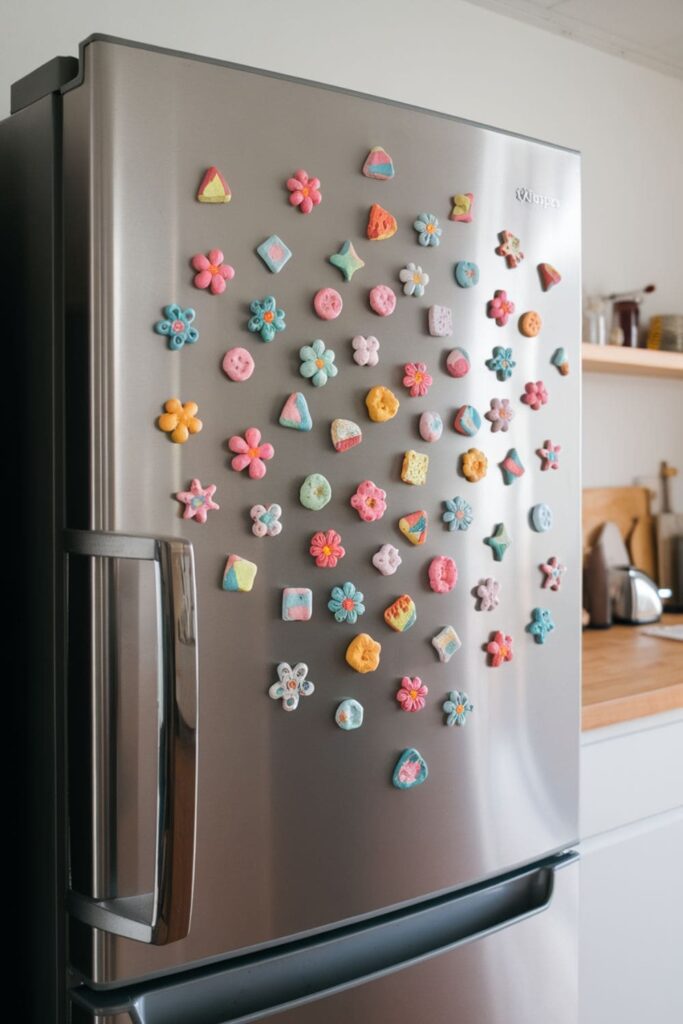 Small clay magnets in bright colors on a fridge