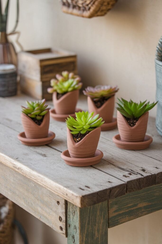 Small clay planters holding green succulents on a wooden table