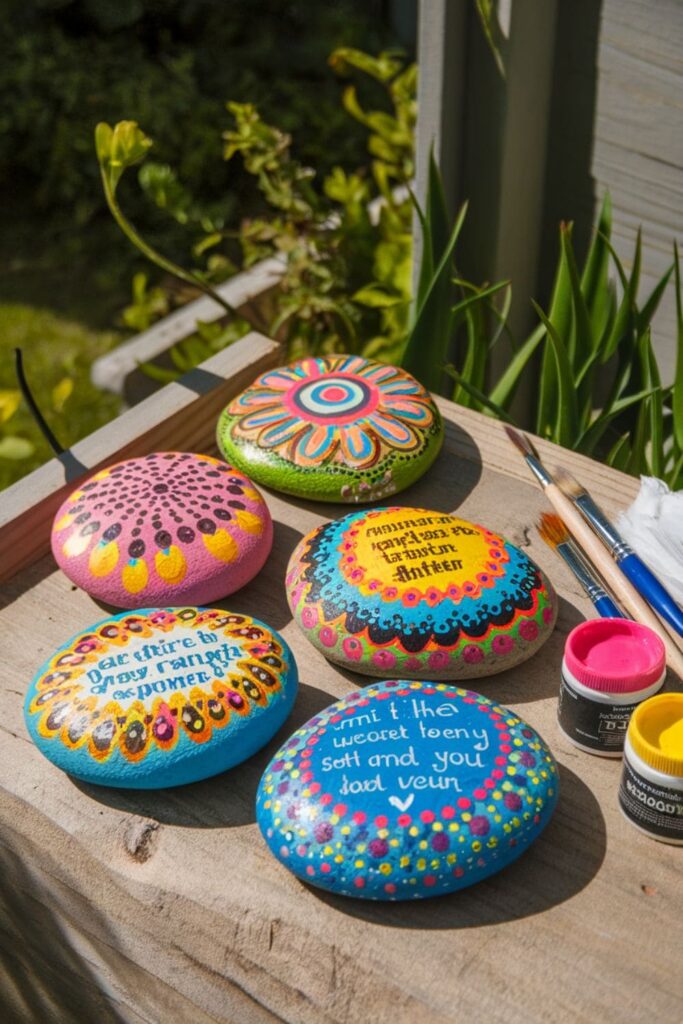 Smooth rocks painted with vibrant patterns and inspirational quotes