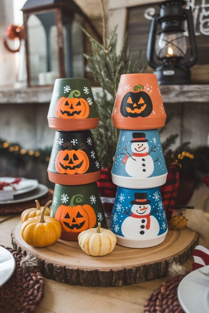 Stacked clay pots painted as holiday-themed decorations